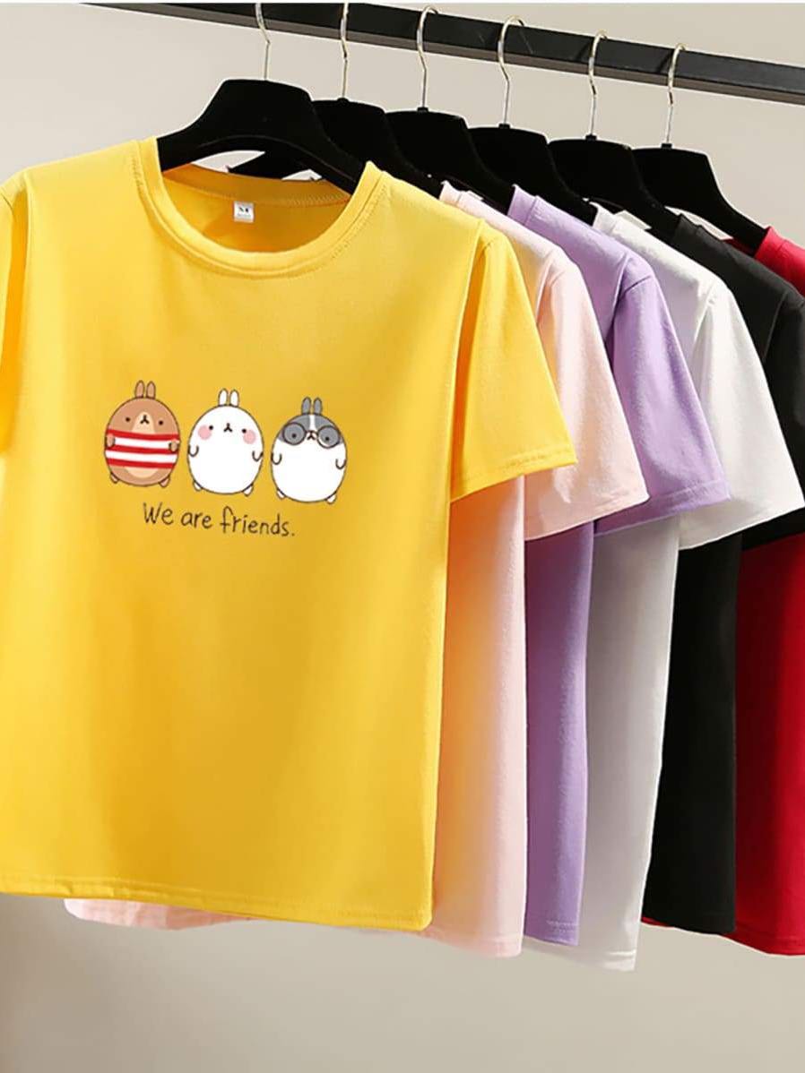 Pure Color Cartoon Print Loose T-Shirt - LuckyFash™