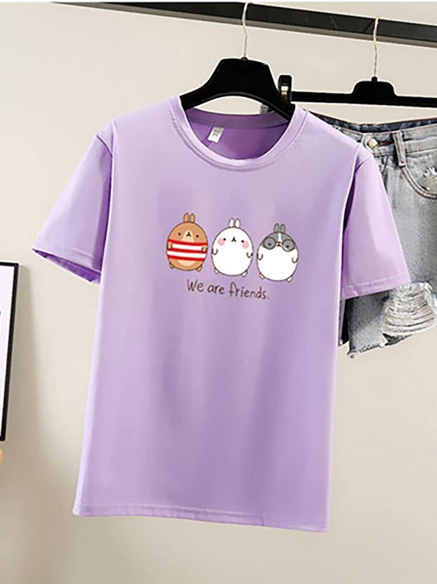 Pure Color Cartoon Print Loose T-Shirt - LuckyFash™