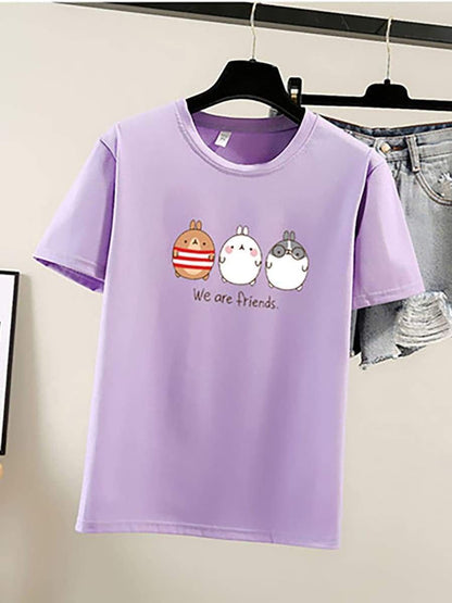 Pure Color Cartoon Print Loose T-Shirt for Women