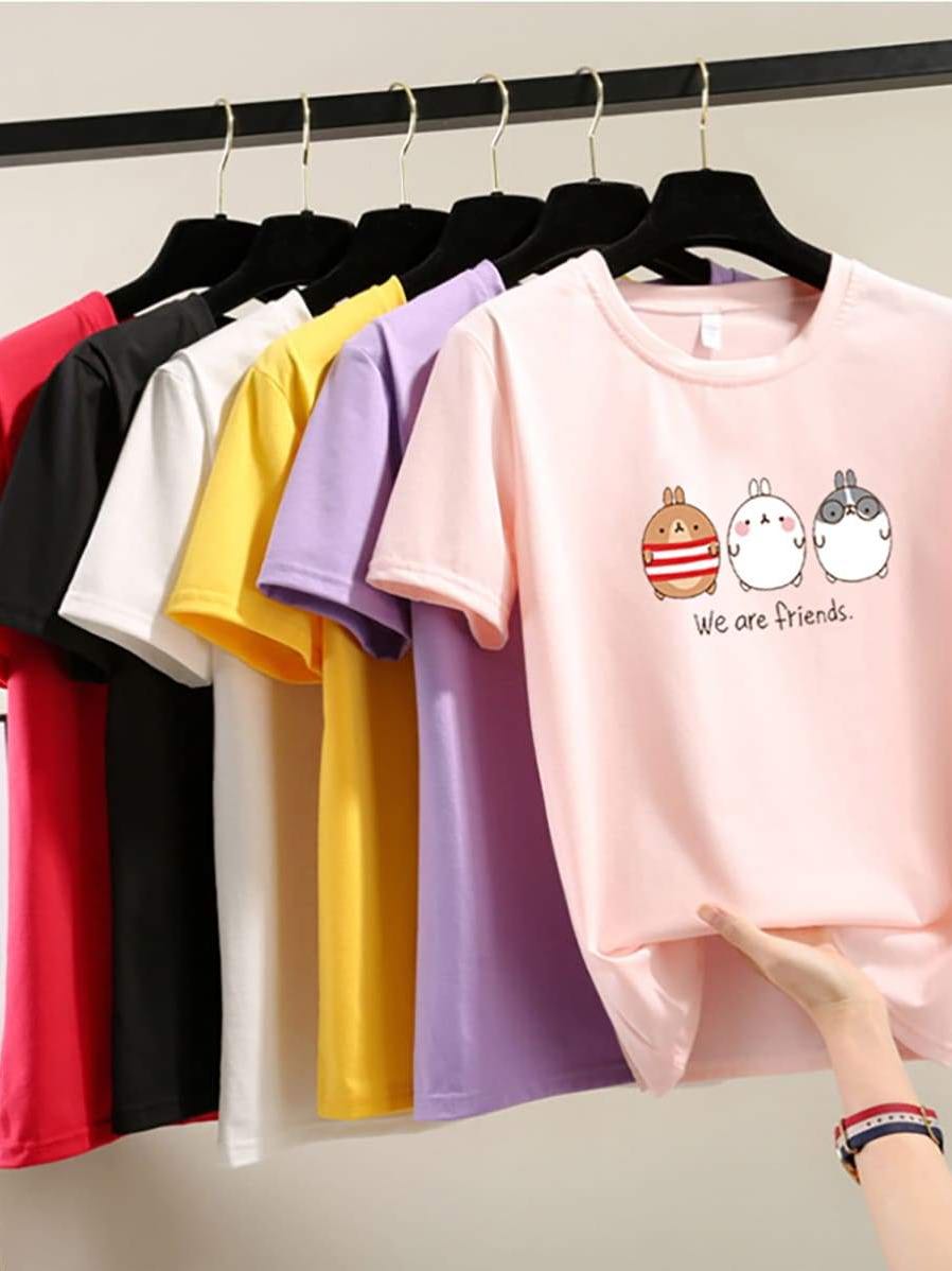 Pure Color Cartoon Print Loose T-Shirt - LuckyFash™