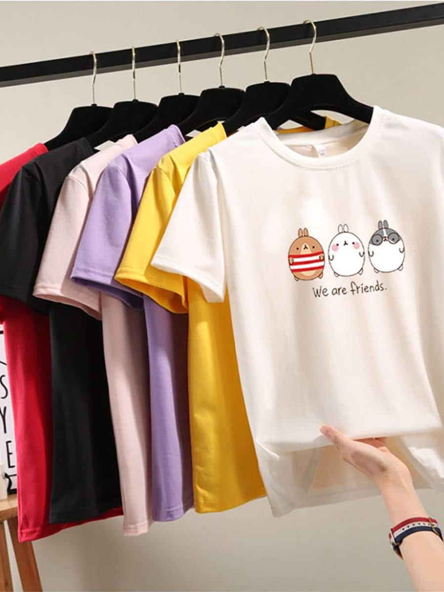 Pure Color Cartoon Print Loose T-Shirt - LuckyFash™