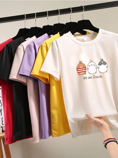 Pure Color Cartoon Print Loose T-Shirt - LuckyFash™