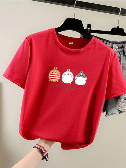 Pure Color Cartoon Print Loose T-Shirt for Women