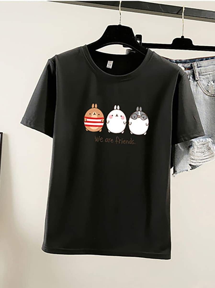 Pure Color Cartoon Print Loose T-Shirt for Women