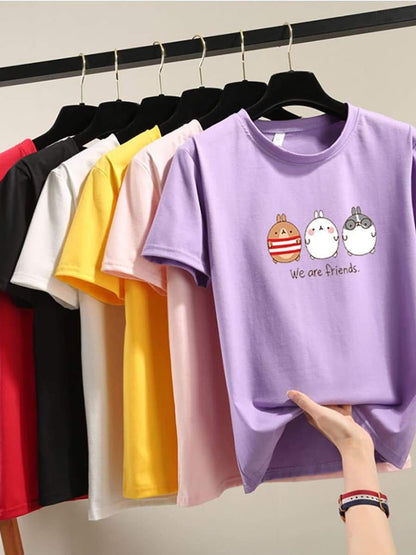 Pure Color Cartoon Print Loose T-Shirt - LuckyFash™