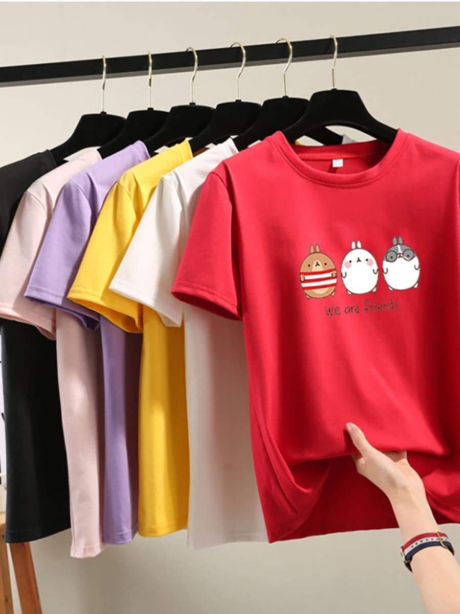 Pure Color Cartoon Print Loose T-Shirt - LuckyFash™