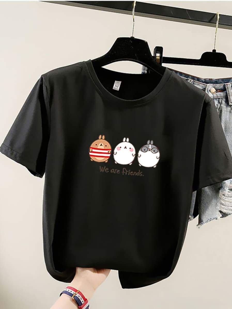 Pure Color Cartoon Print Loose T-Shirt - LuckyFash™