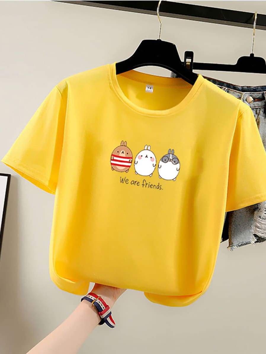 Pure Color Cartoon Print Loose T-Shirt for Women