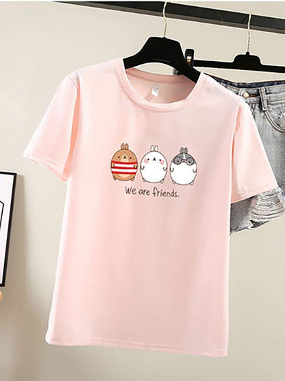 Pure Color Cartoon Print Loose T-Shirt - LuckyFash™