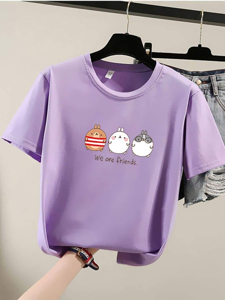 Pure Color Cartoon Print Loose T-Shirt - LuckyFash™