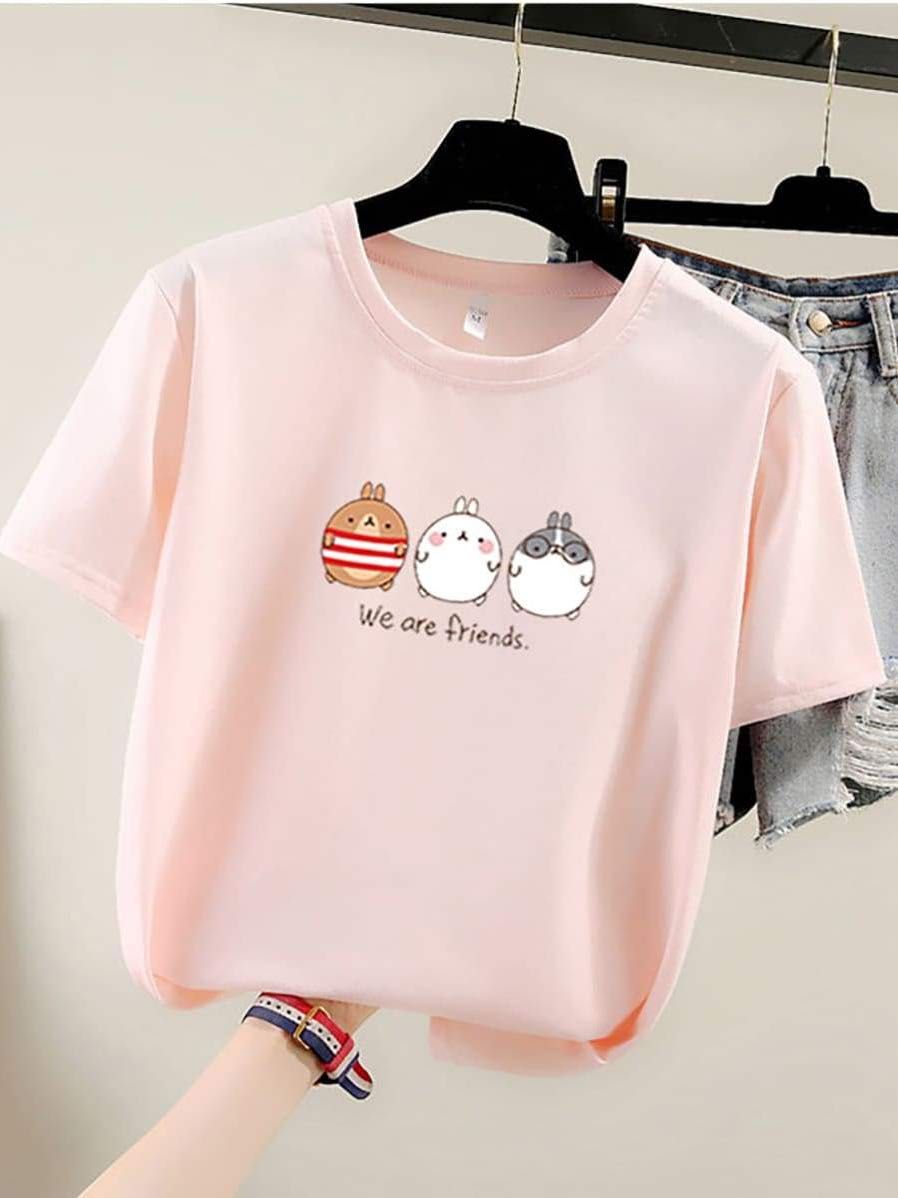 Pure Color Cartoon Print Loose T-Shirt - LuckyFash™