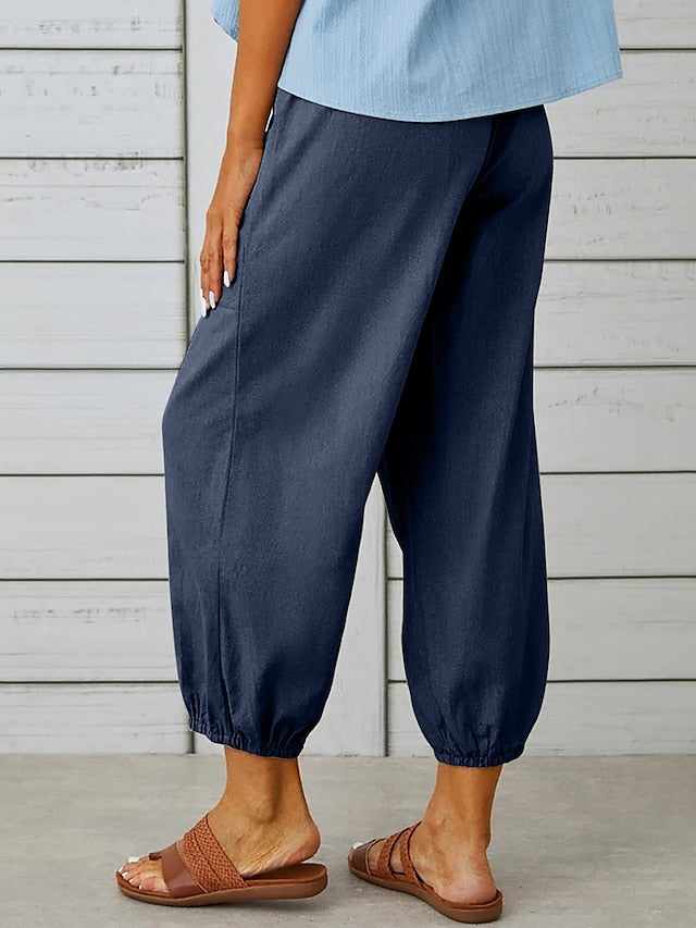 Women's Linen Pants Loose Cropped Trousers Drawstring Elastic Waist Navy Denim Blue Black Fashion Casual Daily Side Pockets Ankle-Length Comfort Solid Color S M L XL 2XL - LuckyFash™