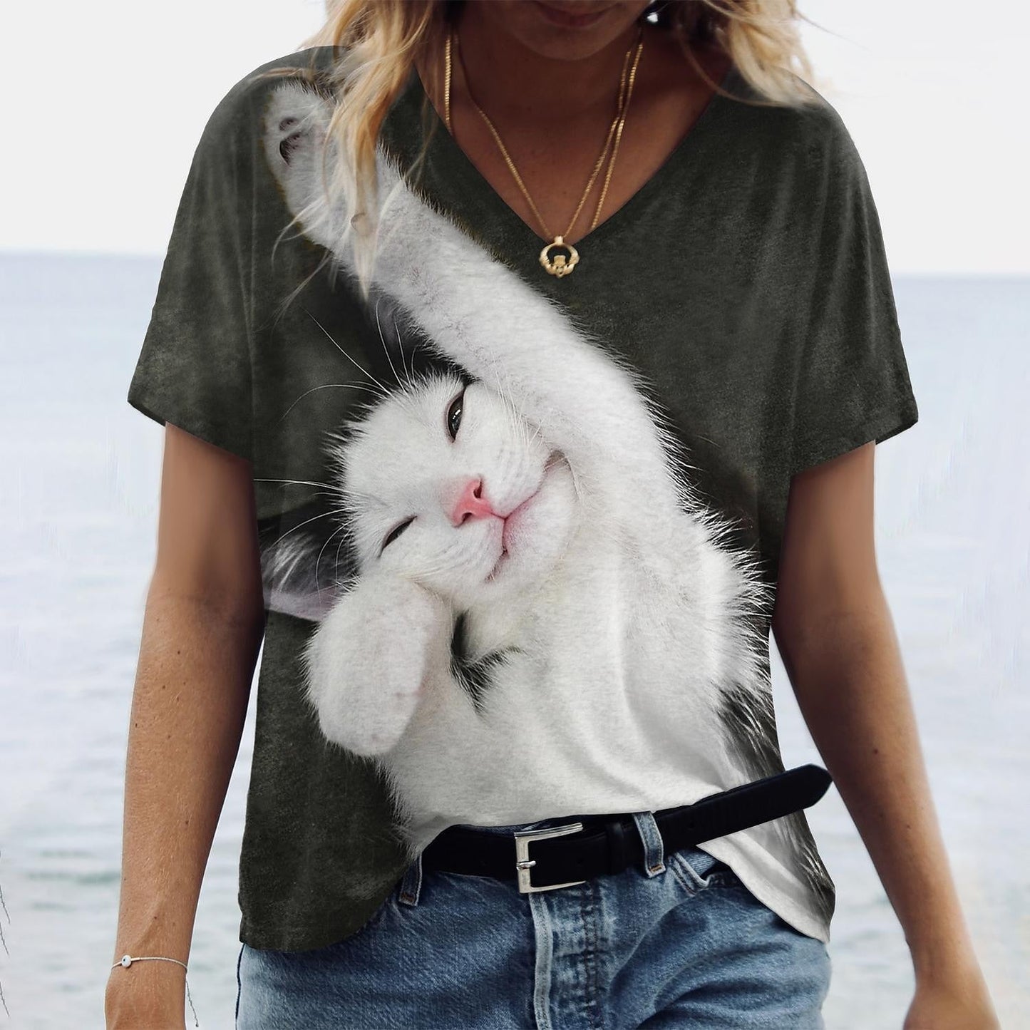 Women's T shirt Tee Cat 3D Gray Print Short Sleeve Daily Weekend Basic V Neck Regular Fit