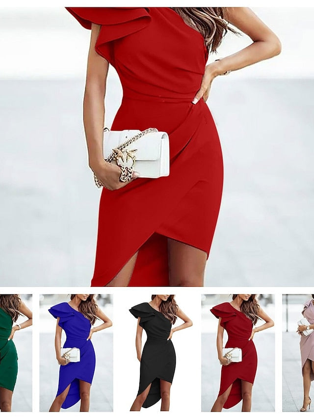 Womenâ€˜s Cocktail Party Dress Wedding Guest Dress Sheath Dress Mini Dress Green Sleeveless Pure Color Ruched Fall Spring Autumn One Shoulder Elegant 2023 S M L XL - LuckyFash™