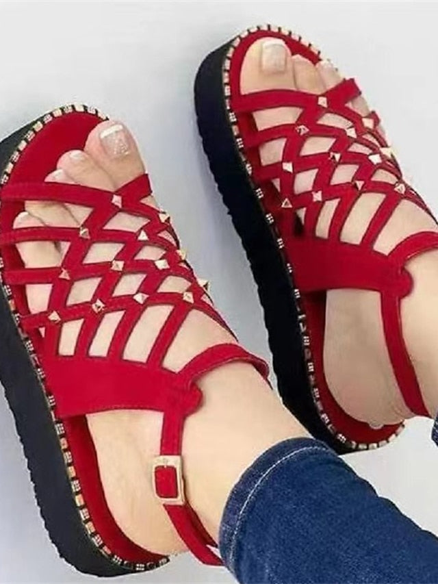 Women's Sandals Platform Sandals Plus Size Outdoor Daily Beach Summer Beading Platform Open Toe Casual Minimalism Faux Leather Buckle Solid Color Black Red khaki - LuckyFash™