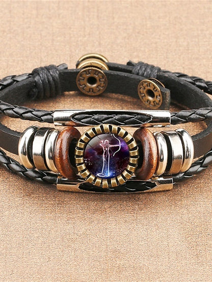 12 zodiac constellation bracelet, leather hand-woven galaxy astrology luminous adjustable snap buckle wristband-retro fashion (best friend's constellation gift)