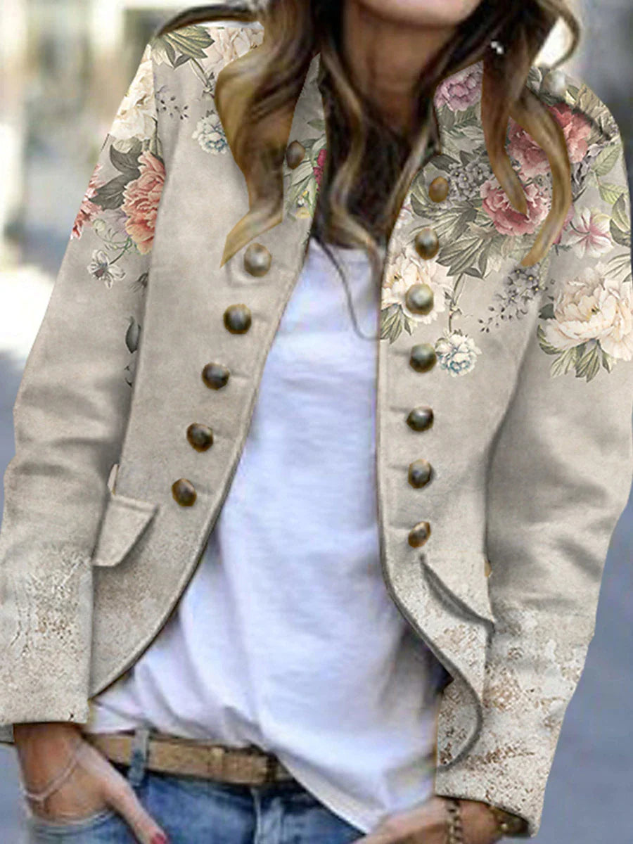 Women's Casual Jacket Party Print Flower Comfortable Artistic Style Loose Fit Outerwear Long Sleeve Fall Light Grey S