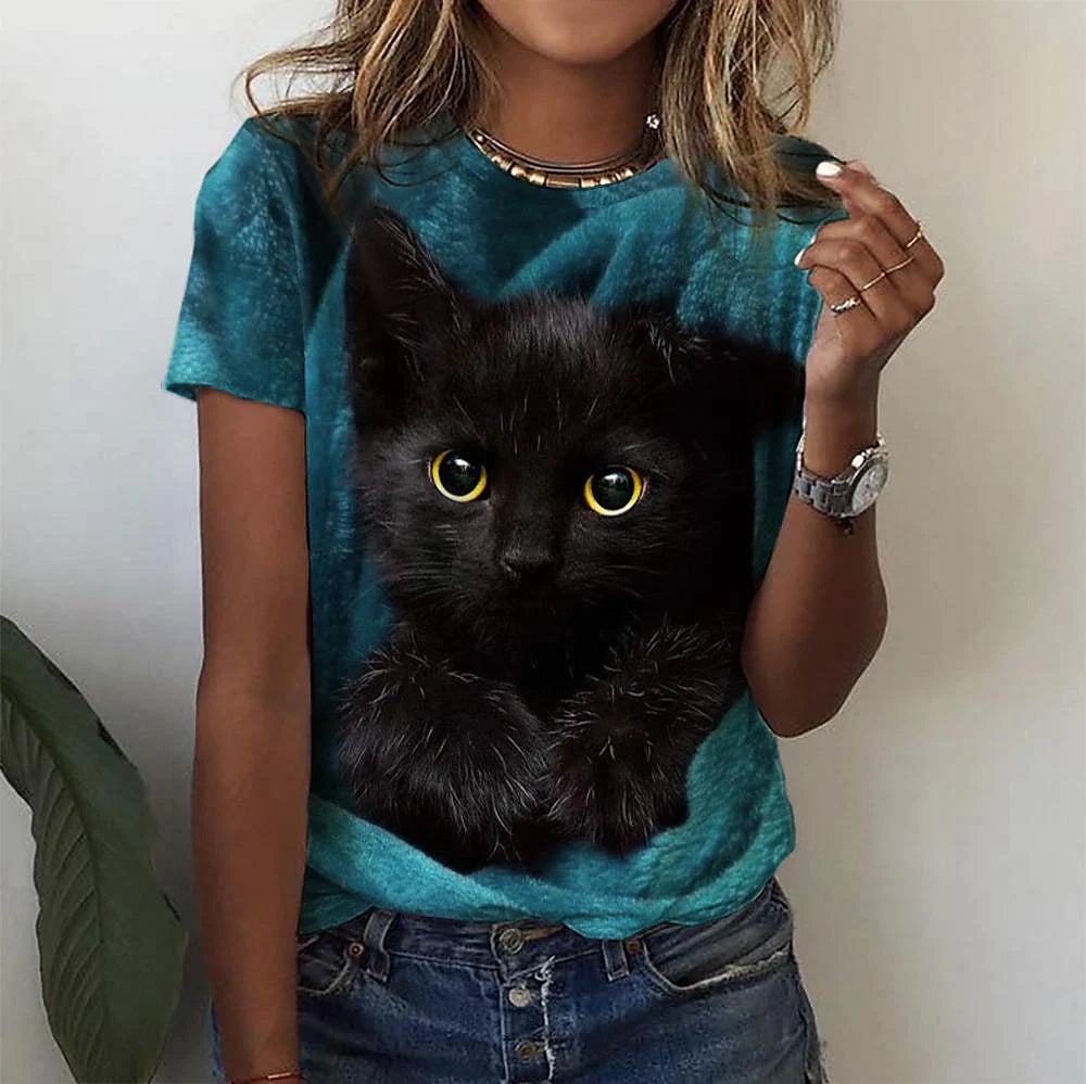 Women's T shirt Tee Cat 3D Custom Print Red Blue Print Short Sleeve Daily Weekend Basic Round Neck Regular Fit
