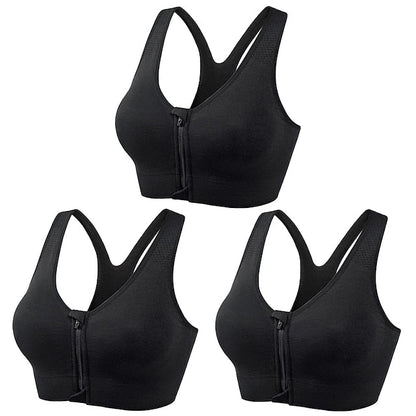3 Pack Women's High Support Sports Bra Running Bra Seamless Zip Front Racerback Bra Top Padded Yoga Fitness Gym Workout Breathable Shockproof Quick Dry Khaki Black White Solid Colored
