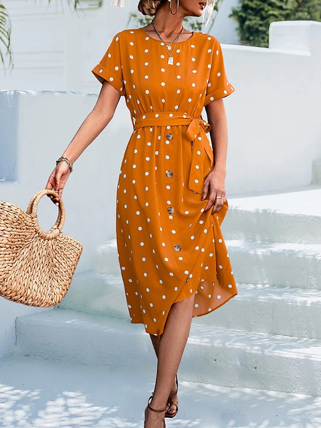 Women's Casual Dress Summer Dress PolkaÂ DotÂ Dress Polka Dot Lace up Print Crew Neck Midi Dress Fashion Streetwear Outdoor Date Short Sleeve Regular Fit Black Yellow Pink Summer Spring S M L XL - LuckyFash™