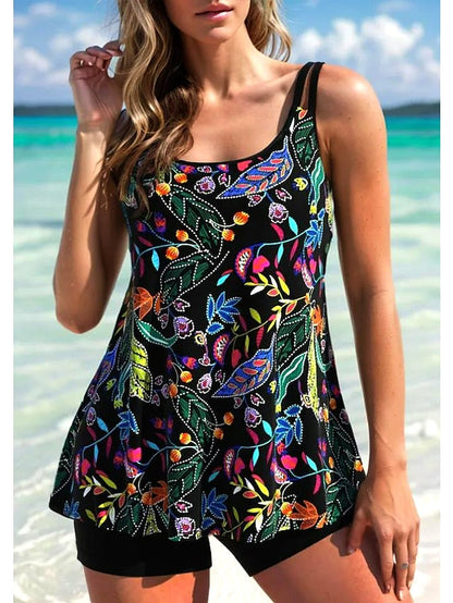 Women's Swimwear Tankini 2 Piece Normal Swimsuit 2 Piece Printing Floral Black Green Tank Top Bathing Suits Sports Beach Wear Holiday