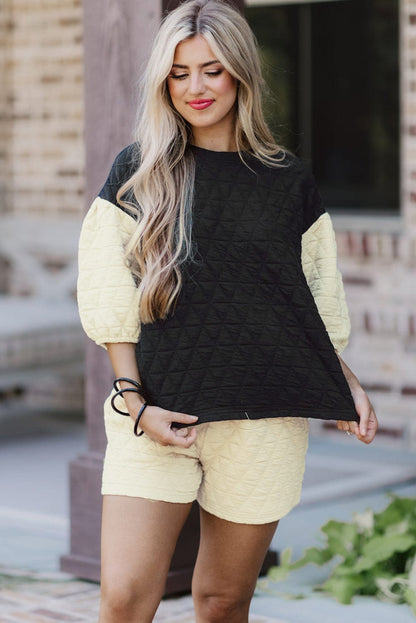 Quilted Black Colorblock 3/4 Sleeve Top and High Waist Shorts Set