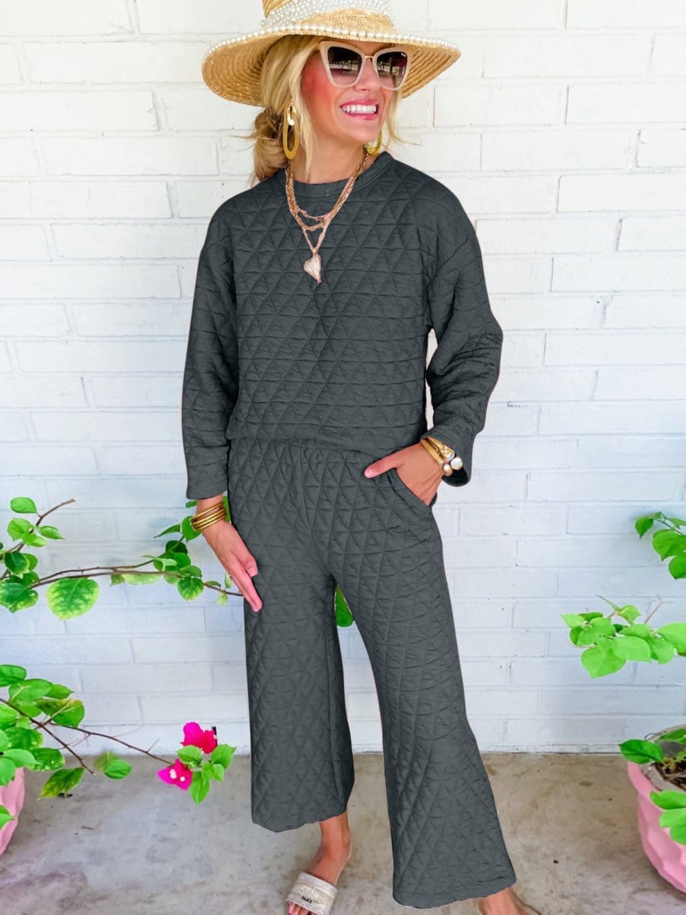 Quilted Grey Two-Piece Casual Set with Pullover Top and Pants