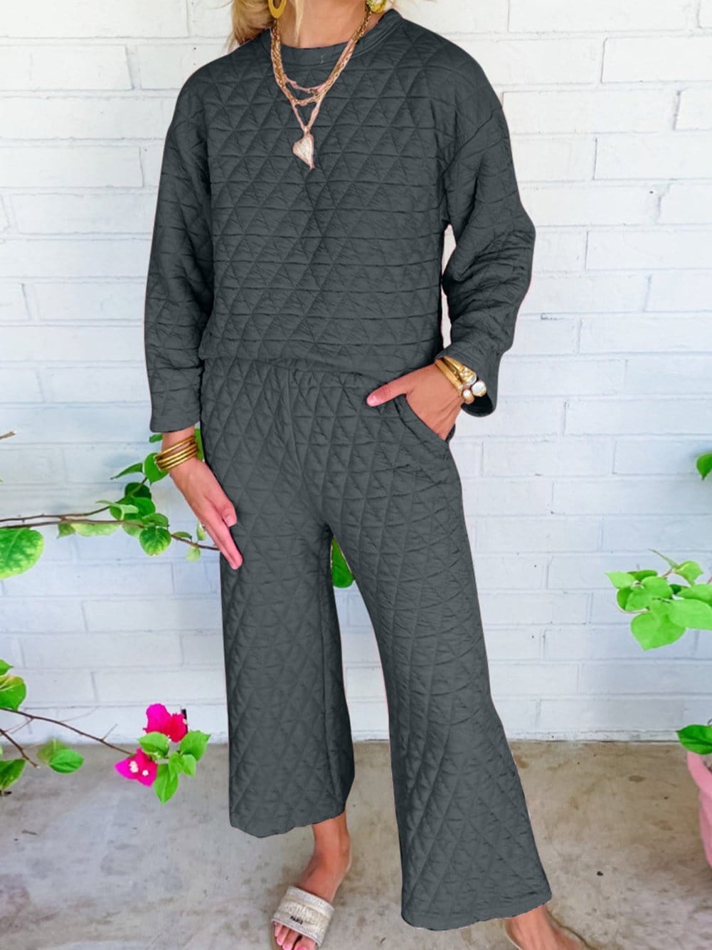 Quilted Grey Two-Piece Casual Set with Pullover Top and Pants