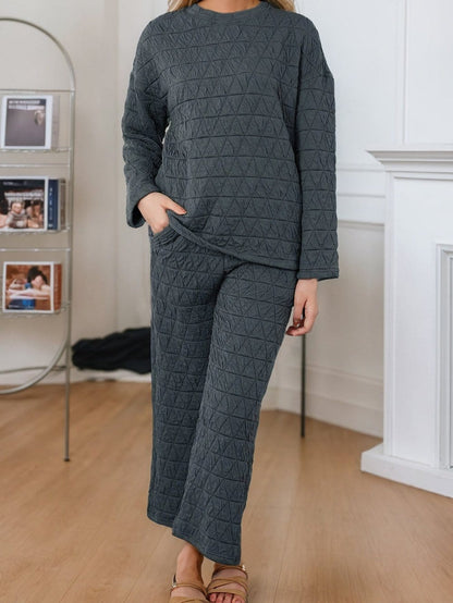 Quilted Grey Two-Piece Casual Set with Pullover Top and Pants