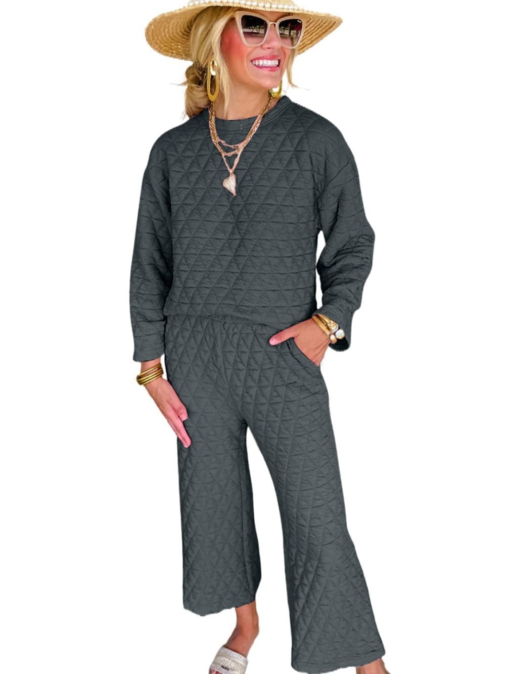 Quilted Grey Two-Piece Casual Set with Pullover Top and Pants