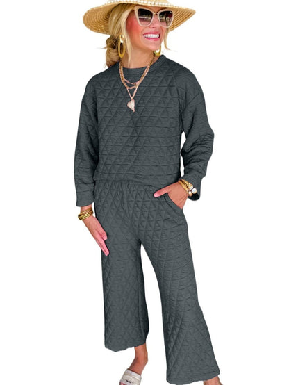 Quilted Grey Two-Piece Casual Set with Pullover Top and Pants