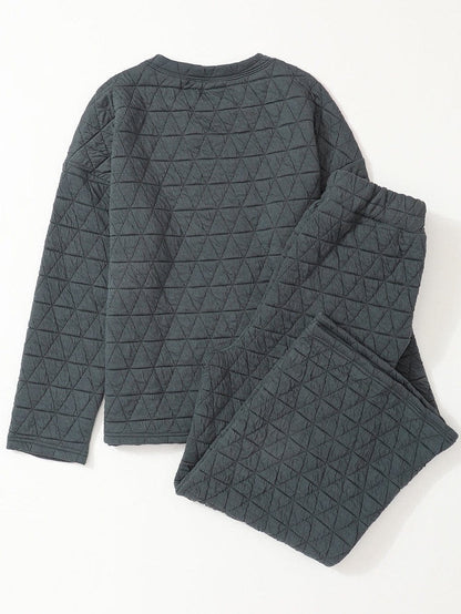 Quilted Grey Two-Piece Casual Set with Pullover Top and Pants