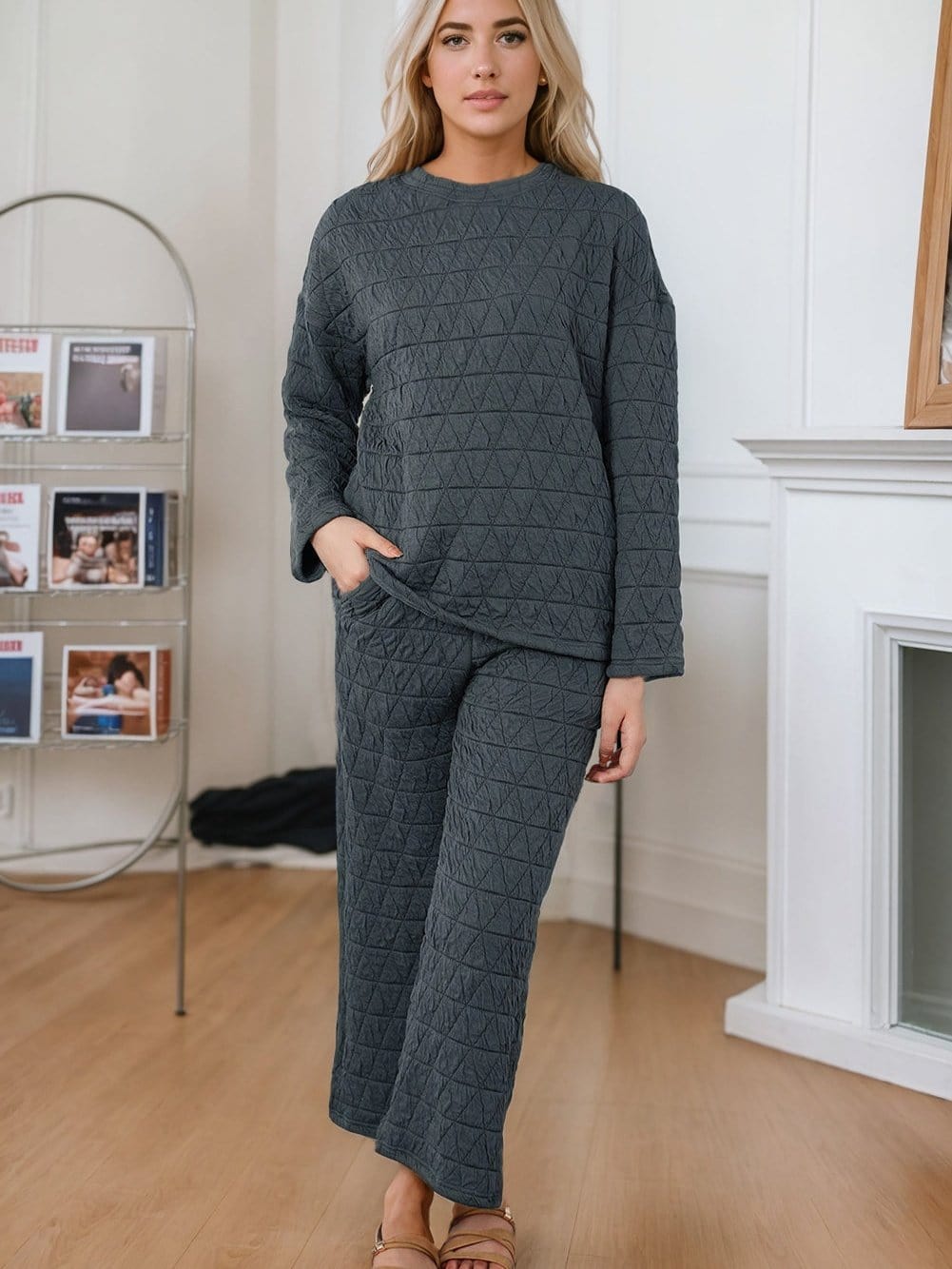 Quilted Grey Two-Piece Casual Set with Pullover Top and Pants