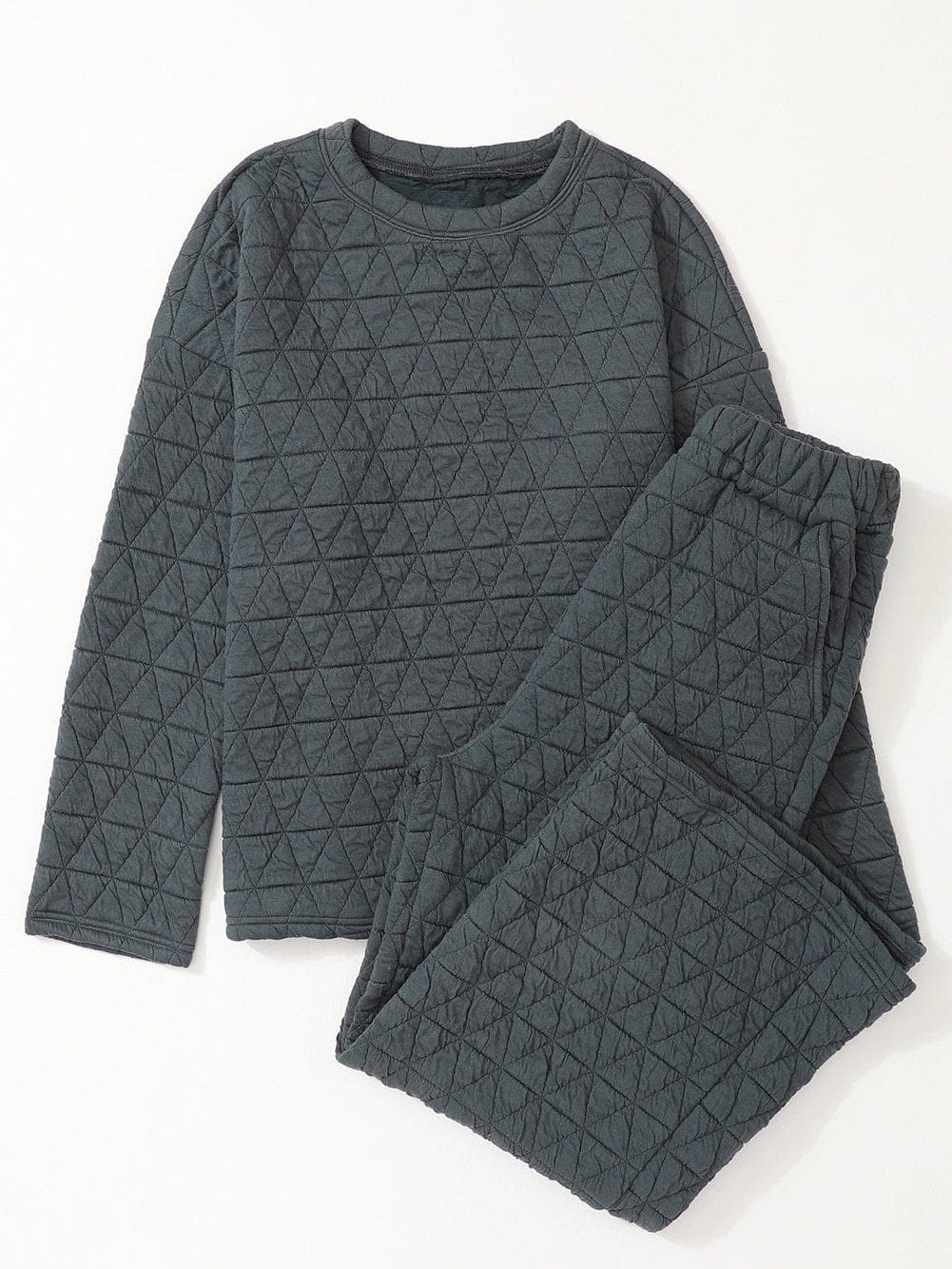 Quilted Grey Two-Piece Casual Set with Pullover Top and Pants