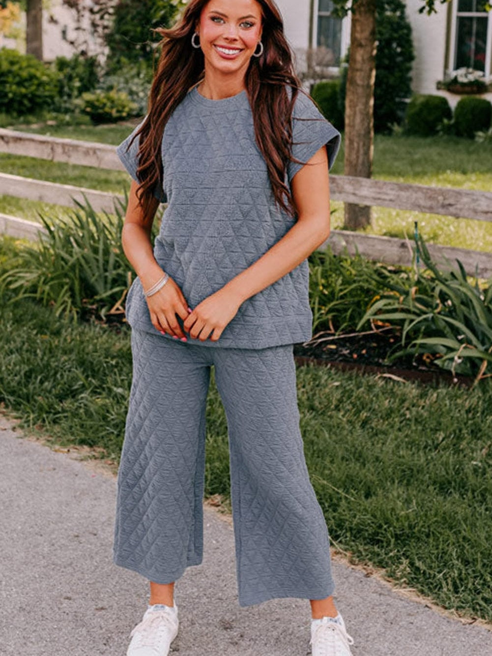 Quilted Teal Short Sleeve Wide Leg Pants Ensemble