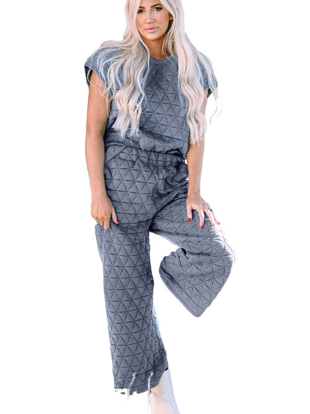 Quilted Teal Short Sleeve Wide Leg Pants Ensemble