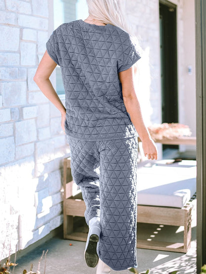 Quilted Teal Short Sleeve Wide Leg Pants Ensemble