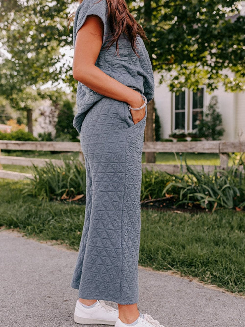 Quilted Teal Short Sleeve Wide Leg Pants Ensemble