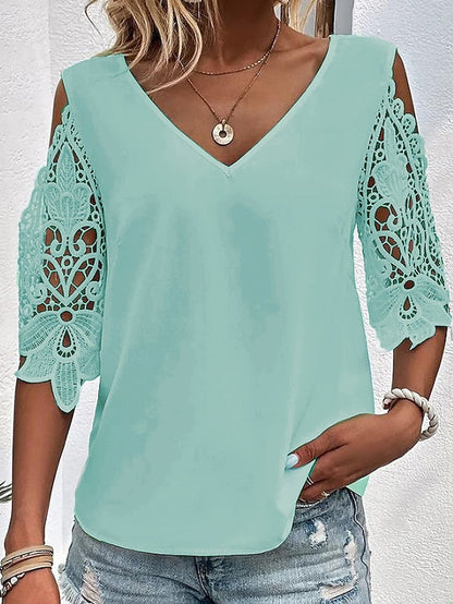 Women's Blouse White Pink Blue Plain Lace Cut Out Half Sleeve Daily Weekend Basic V Neck Regular S