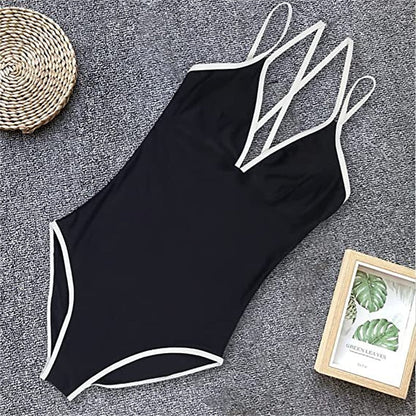 Women's Swimwear One Piece Monokini Normal Swimsuit Backless Water Sports Tummy Control string Color Block Black Blue Fuchsia Padded V Wire Bathing Suits New Vacation Holiday