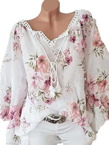 Women's Shirt Blouse White Pink Blue Floral Print Long Sleeve Daily Vacation Streetwear V Neck Regular Cotton Plus Size L - LuckyFash™