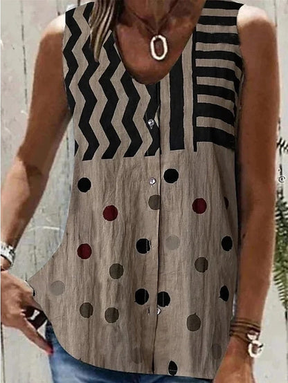 Women's Tank Top Khaki Polka Dot Striped Button Print Sleeveless Casual Basic V Neck Regular S - LuckyFash™