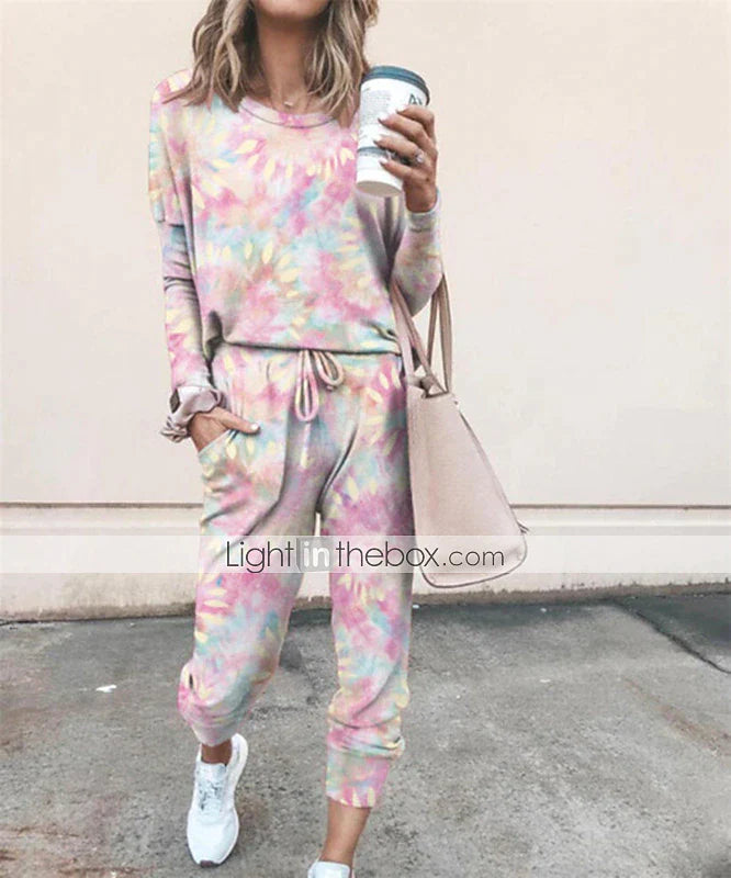 Women's Sweatshirt Tracksuit Pants Sets Tie Dye Black Yellow Pink Drawstring Long Sleeve Casual Daily Daily Wear Ladies Basic Round Neck Loose Fit Fall & Winter