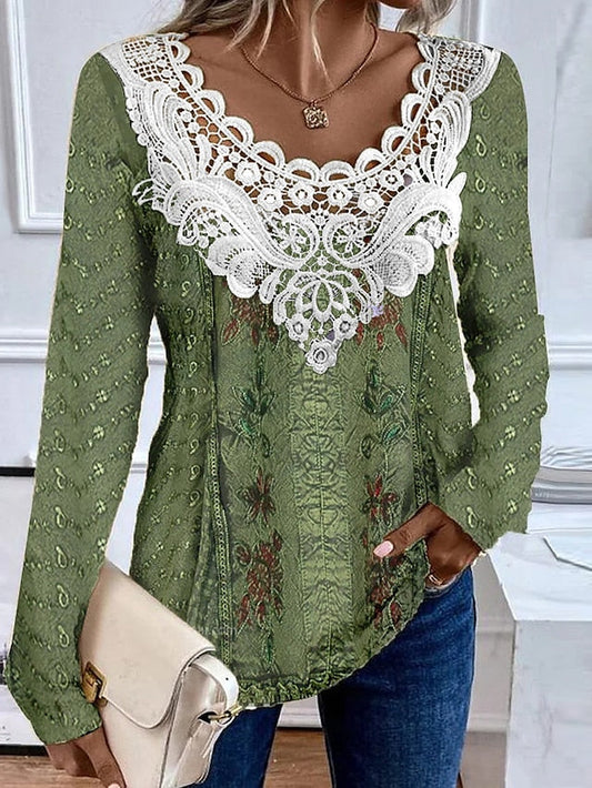 Women's Shirt Blouse Graphic Floral Black Light Green Pink Print Lace Patchwork Long Sleeve Casual Fashion Round Neck Regular Fit Spring &  Fall