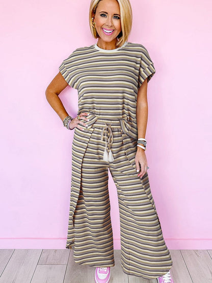 Rainbow Stripe Tassel Detail Tee and Wide Leg Pants Ensemble