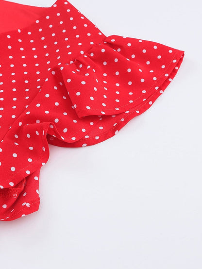 Ravishing Crimson Polka Dot V Neck Ruffle Sleeve Mini Dress