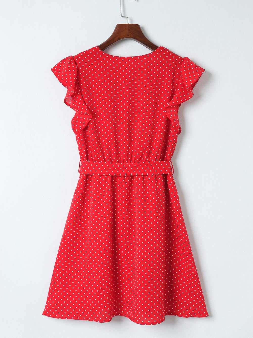 Ravishing Crimson Polka Dot V Neck Ruffle Sleeve Mini Dress