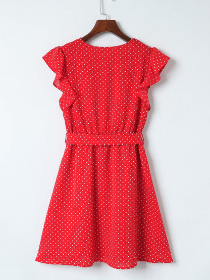 Ravishing Crimson Polka Dot V Neck Ruffle Sleeve Mini Dress