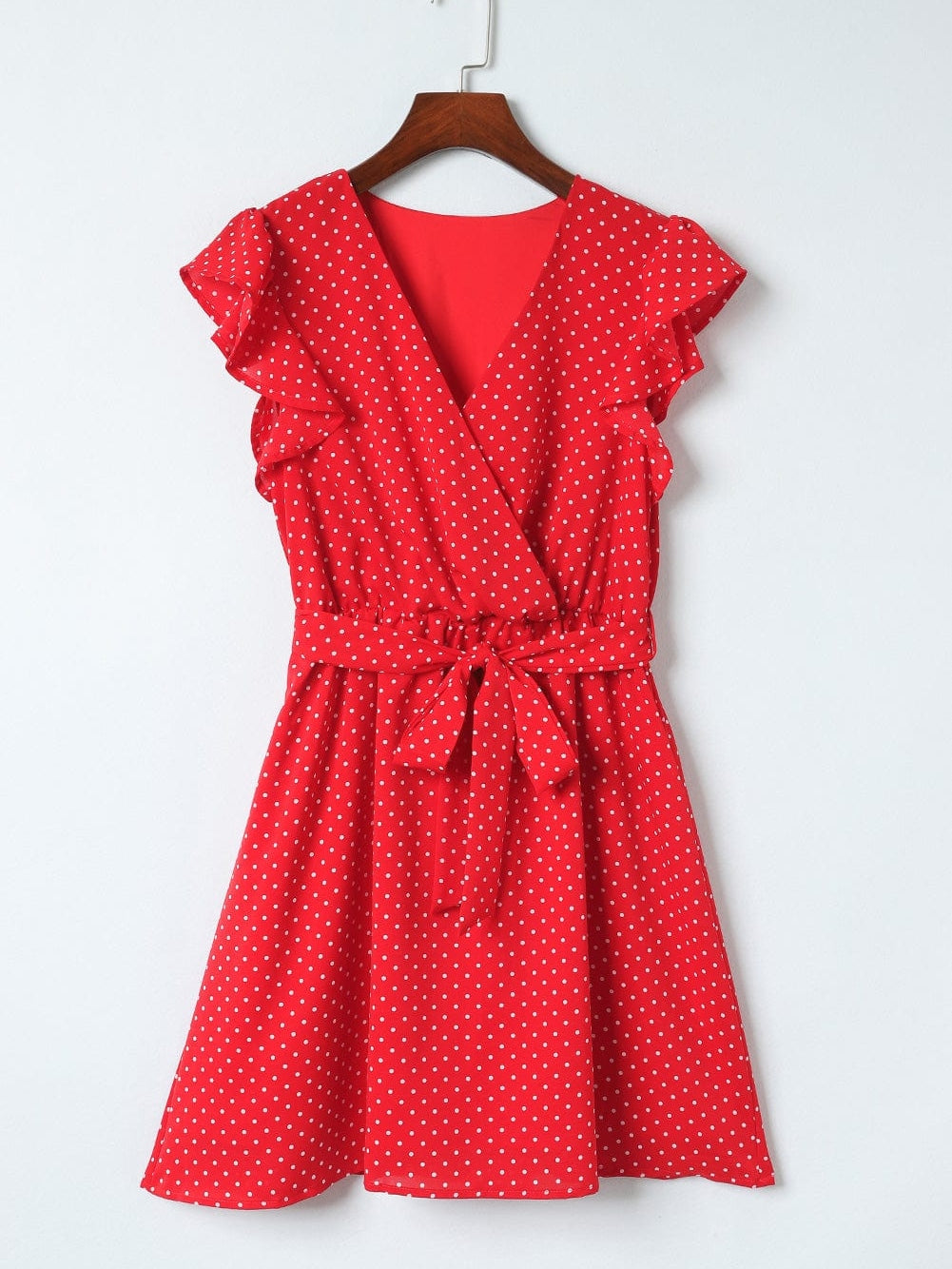 Ravishing Crimson Polka Dot V Neck Ruffle Sleeve Mini Dress