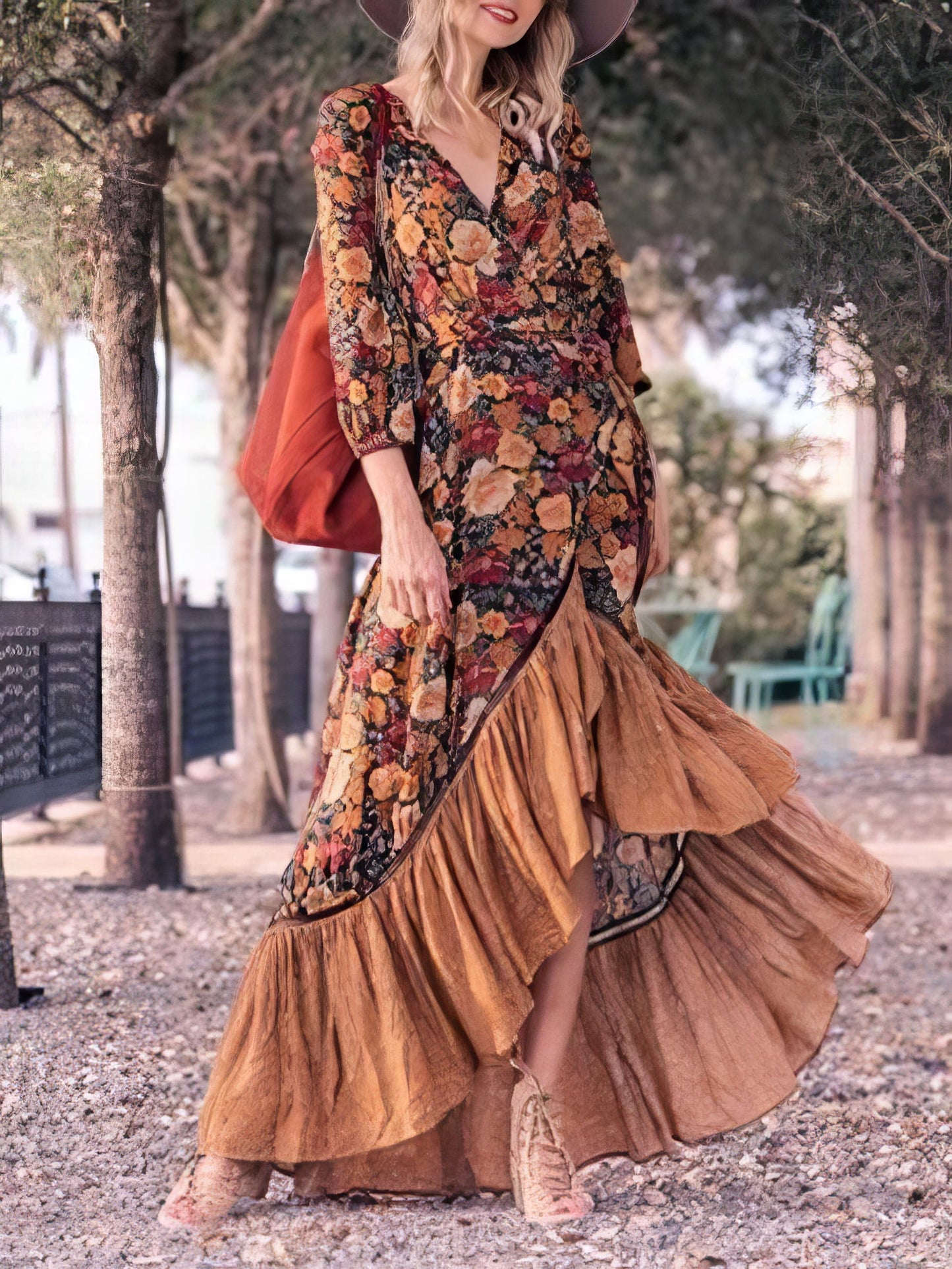 Maxi Dresses - Retro Long Sleeve Printed Long Dress - MsDressly